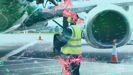 Poster - Animation of QR code with floating red web connections over airport worker