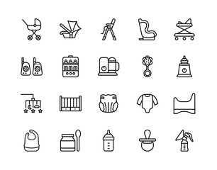 Baby items flat line icons set. Vector illustration necessary things for the baby and parents. Editable strokes.