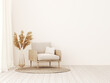 canvas print picture - Living room interior wall mockup in warm tones with beige linen armchair, dried Pampas grass and woven rug. Boho style decoration on empty wall background. 3D rendering, illustration.