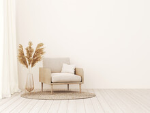 Living Room Interior Wall Mockup In Warm Tones With Beige Linen Armchair, Dried Pampas Grass And Woven Rug. Boho Style Decoration On Empty Wall Background. 3D Rendering, Illustration.