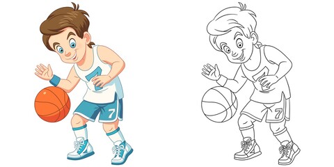 Coloring page with boy playing basketball. Line art drawing for kids activity coloring book. Colorful clip art. Vector illustration.