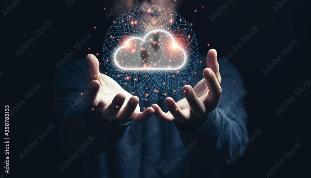 Man holding virtual cloud computing on hand with connection line.Cloud computing is system for sharing download and upload big data information. - obrazy, fototapety, plakaty 