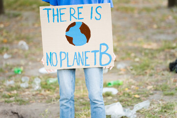 cropped view of volunteer holding placard with globe and there is no planet b inscription, ecology concept