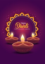  Happy Diwali Celebration Background. Front View Of Banner Design Decorated With Illuminated Oil Lamps On Patterned Stylish Background. Vector Illustration