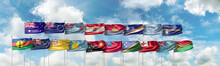 3D Illustration With National Flags Of The Eighteen Countries Which Are Full Member States Of The Pacific Islands Forum (or PIF)