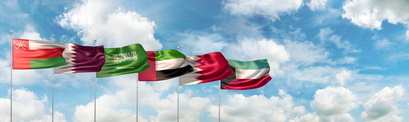 3D Illustration with national flags of the six countries which are member states of the Cooperation Council for the Arab States of the Gulf also known as the Gulf Cooperation Council (GCC)