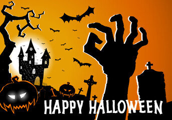 Halloween greeting card with horror elements creepy castle, hand from grave, pumpkin and graveyard. Happy Halloween festive poster, party invitation flyer, background. Place for text. Vector