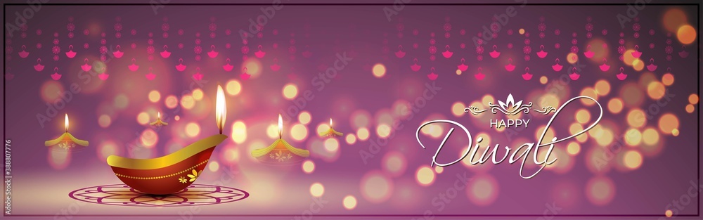 PrintVector greeting of Happy Diwali, Dipawali, Indian festival, festival of lights, diya lamp, oil lamp on beautiful pattern, colorful bokeh background. - obrazy, fototapety, plakaty 