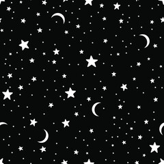 Wall Mural - White stars and moons on the black background. Seamless vector illustration. Use for printing, posters, T-shirts, textile drawing, wrapping, print pattern. 