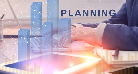 Poster - Creative Collage For Business Planning Concept With Businessman Working On Laptop In Office