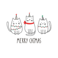 Funny Merry Christmas cats with lettering - Merry catmas. Doodle cartoon style. Vector Christmas illustration. Holiday poster with  cartoon character. 