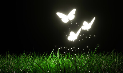 Glowing butterflies flying above the lawn There is a glow in the dark in a fantasy theme. Butterflies fly in the dark on the field. 3d rendering