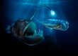 © Rana Dias/Caia Image - Scary deep sea fish with light examining fish in plastic water bottle