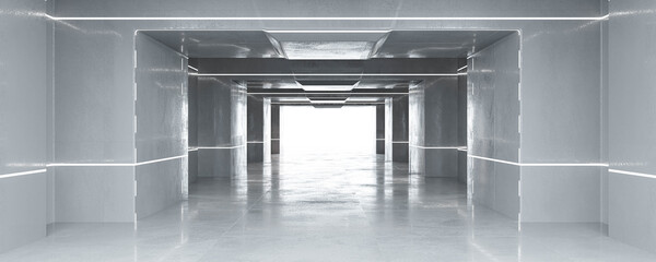 Poster - futuristic modern abstract bright architecture basement hall tunnel 3d render illustration