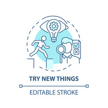Try New Things Concept Icon. Boosting Creative Thinking Tips. Need To Get Familiar Something Different Idea Thin Line Illustration. Vector Isolated Outline RGB Color Drawing. Editable Stroke