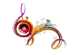 Abstract musical design with a treble clef and colorful splashes, notes and waves. Colorful treble clef. Hand drawn vector illustration.