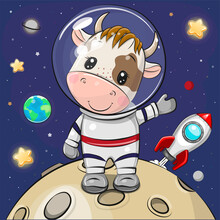 Cartoon Bull Astronaut On The Moon On A Space Background