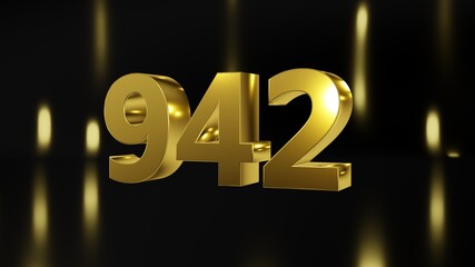 Number 942 in gold on black and gold background, isolated number 3d render