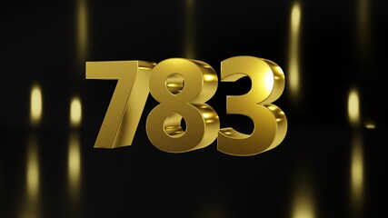 Number 783 in gold on black and gold background, isolated number 3d render