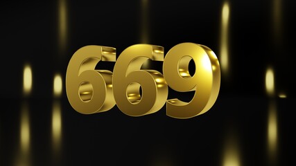 Number 669 in gold on black and gold background, isolated number 3d render