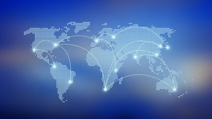 Poster - Dotted world map with curving lines or flight paths connecting highlighted cities. Blurry blue background in 4k resolution. Concept photo of global communications, traveling and globalisation.