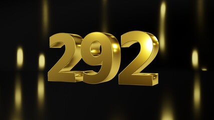 Number 292 in gold on black and gold background, isolated number 3d render