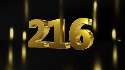 Number 216 in gold on black and gold background, isolated number 3d render