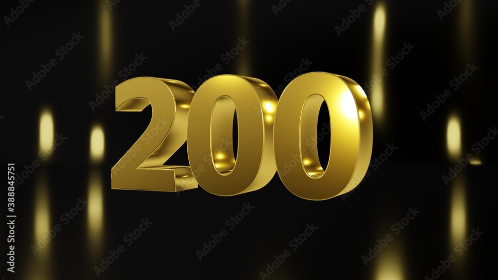 Stock-Illustration „Number 200 in gold on black and gold background, isolated number 3d render“