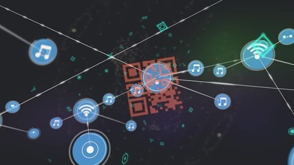 Red QR code with a web of connections floating with blue circles with social icons in them on black 