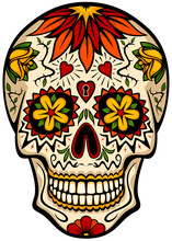 Vector Illustration Of An Ornately Decorated Dia De Los Muertos, Day Of The Dead, Sugar Skull Or Calavera. Illustration Uses No Gradients, Meshes Or Blends, Only Solid Color. Includes AI10-compatible 