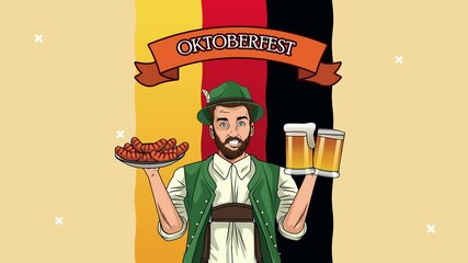 Poster - happy oktoberfest celebration animation with german man eating sausages and drinking beers