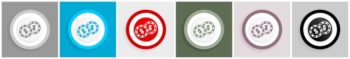Leinwandbilder - Casino chips icon set, colorful flat design vector illustrations in 6 options for web design and mobile applications