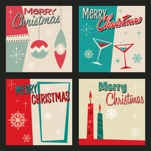 Merry Christmas Greetings, Mid Century Modern Holiday Season Greeting Cards Style Illustrations 