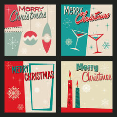 Wall Mural - Merry Christmas Greetings, Mid Century Modern Holiday Season Greeting Cards Style Illustrations 