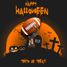 Happy Halloween. Zombie Hand From The Grave Holding A Football Ball. Pumpkins, Spooky Tree, Crosses, Coffin And Bats. Pattern For Banner, Poster, Party Invitation. Vector Illustration