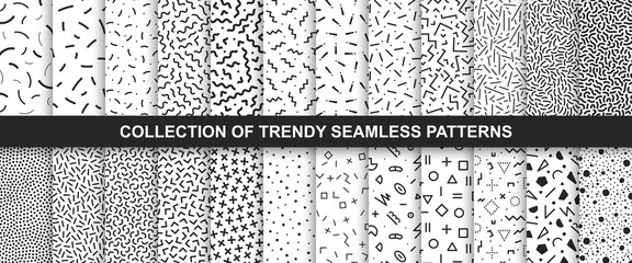 Wall Mural - Big collection of memphis seamless vector patterns. Fashion design 80-90s. Black and white textures.