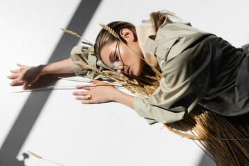 young trendy woman in glasses lying with bunch of wheat spikelets on white