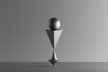 Three Dimensional Render Of Metallic Top Spinning Under Geometric Pyramid And Sphere