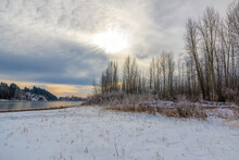 Cold Early Morning With Sun Blazing In A Cloudy Sky In Mid-winter Along The Flathead River, Northwestern Montana