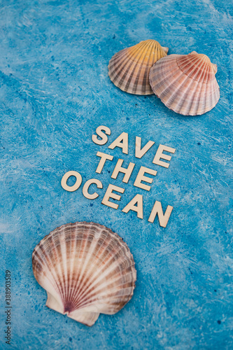 save the ocean text on blue bakground with sea shells, act for climate change concept