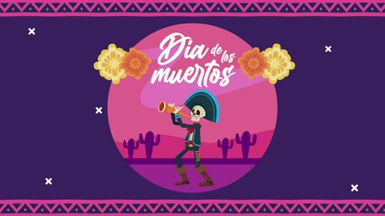 Wall Mural - dia de los muertos celebration with mariachi skull playing trumpet and flowers