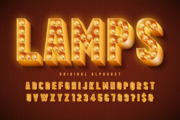 Retro cinema font design, cabaret, lamps letters and numbers.