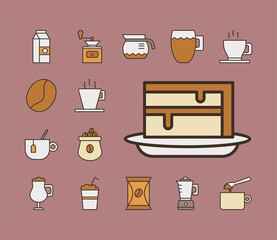 Wall Mural - sweet cake with bundle of coffee set fill style icons