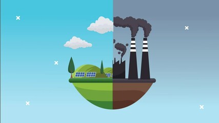 Sticker - lets save the world animation with polluting city and green city scenes