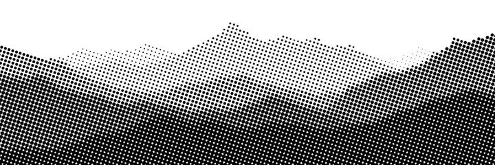 Vector halftone dots background, fading dot effect. Imitation of a mountain landscape, banner, shades of gray.	