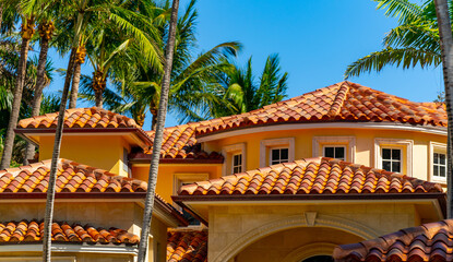 Wall Mural - Barrel til roof top luxury Florida home with colorful palms and blue sky