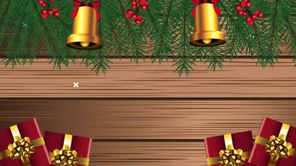 Sticker - happy merry christmas with bells and gifts in wooden background