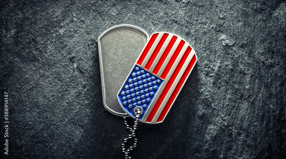 US military soldier's dog tags, rough and worn with blank space for ...