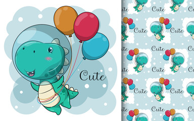 cute cartoon dinosaur flying with balloons