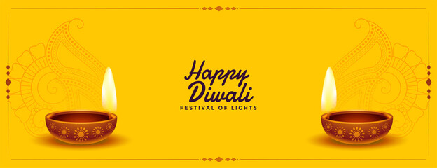 Sticker - nice happy diwali yellow banner with realistic diya